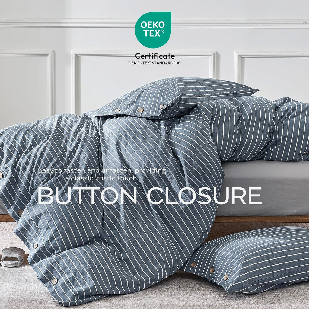 JELLYMONI 100% Washed Cotton Striped Duvet Cover Set King, Linen-Like