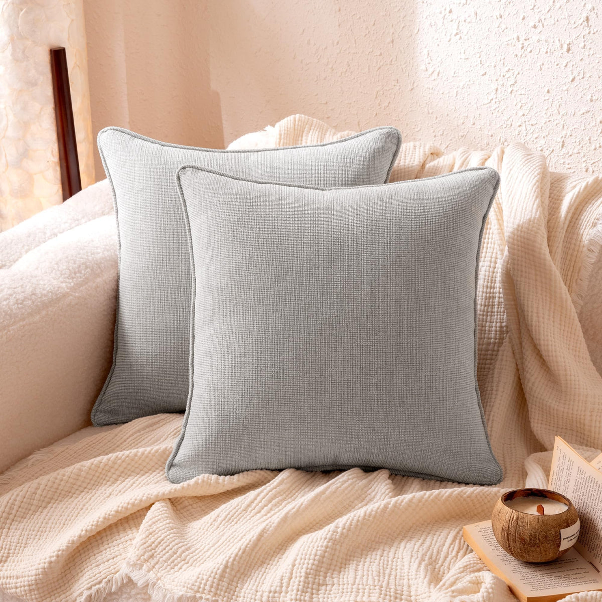 Amazon Basics Faux Linen Throw Pillow Covers with Hidden Zipper Closure, 18 × 18in, White, Pack of 2