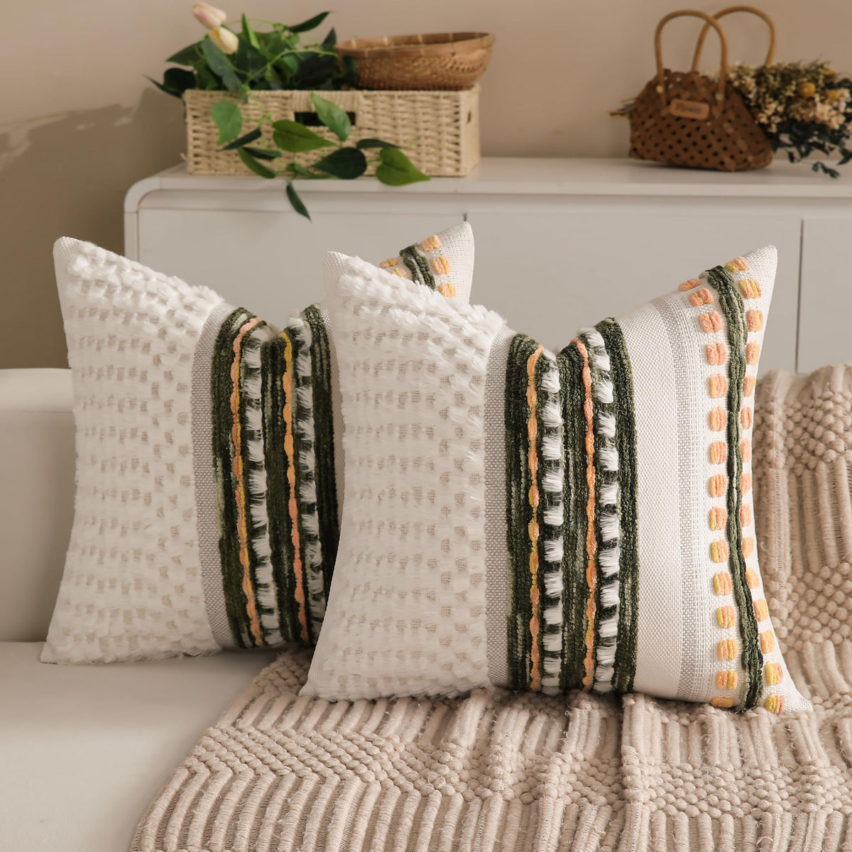 Boho Chenille Tufted Couch Throw Pillow Covers 18x18 Inch Set of 2 Farmhouse Striped Decorative Pillow Covers Accent Neutral Pillowcase Teal Cushion Cover for Living Room Sofa Bed