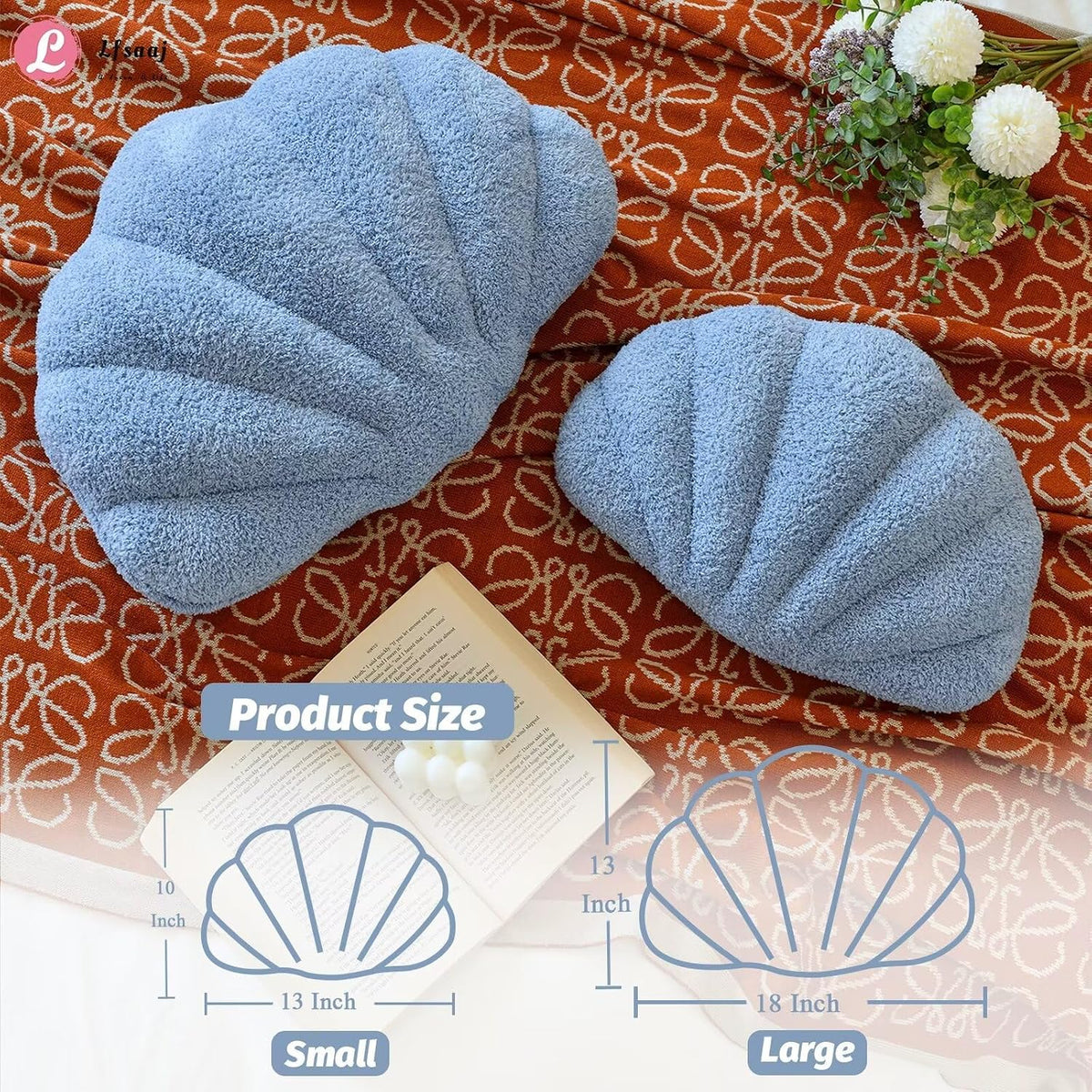 Lfsaaj Dusty Blue Seashell Throw Pillows, Shell Shaped Throw Pillows, 13 Inch Soft Home Decorative Pillow Plush Cushion for Bed Couch Living Sofa Room Decor Accent Throw Pillow