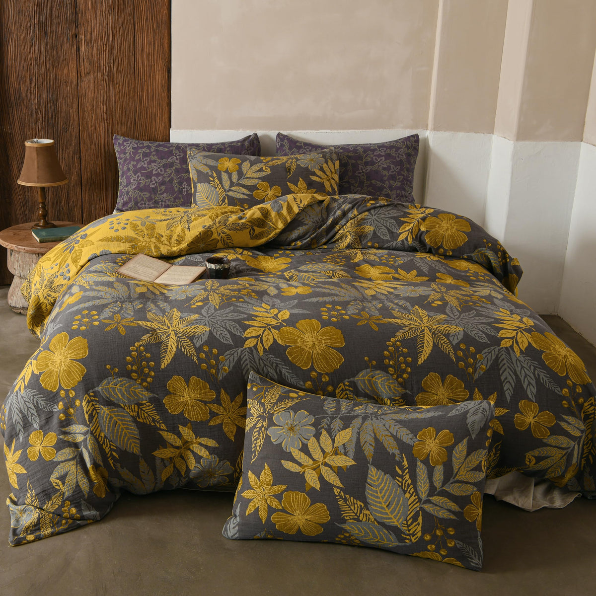 BISELINA 100% Cotton Muslin Duvet Cover Set King, 3 Pcs Yarn-Dyed Jacquard Textured Reversible Floral Design, Soft and Breathable Bedding Set with Zipper Closure, Blue Orange