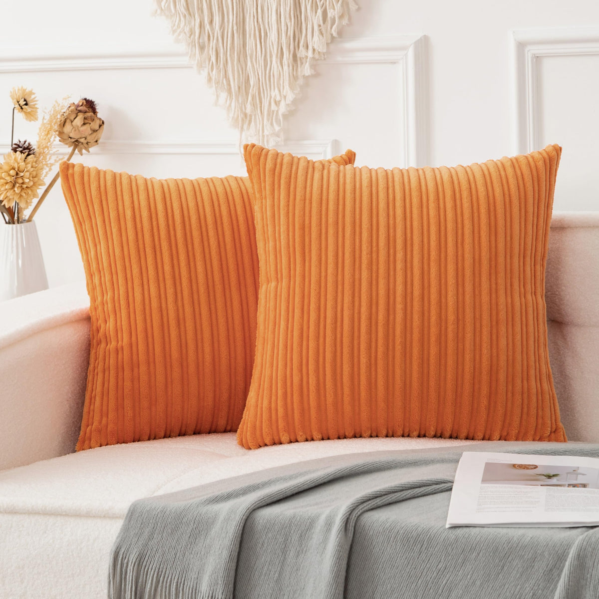 UGASA Velvet 12x20 Inch Lumbar Soft Throw Pillow Cover Boho Farmhouse Decorative Corduroy Striped Both Sides Solid Rectangular Cushion Case for Couch Bedroom Sofa Home, 1 Piece, Beige