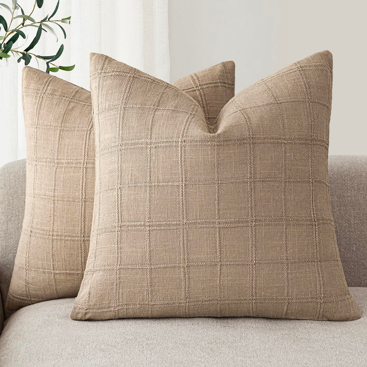 Foindtower Boho Linen Check Decorative Throw Pillow Cover 18×18 Olive Green