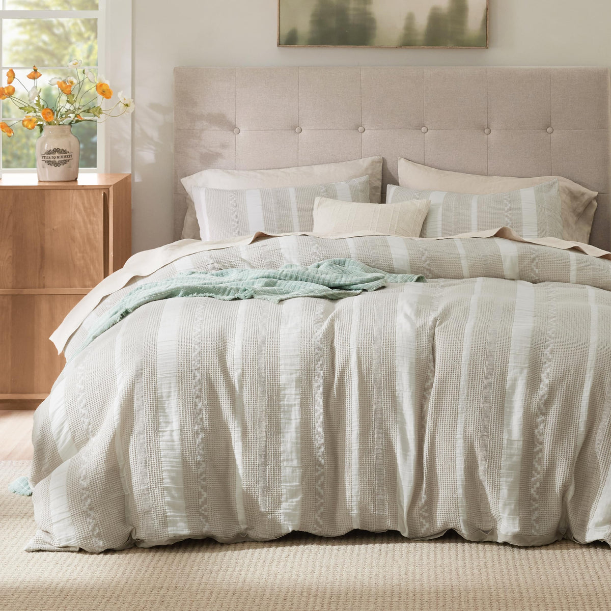 Bedsure PureWoven 3 Pieces 100% Cotton Waffle Duvet Cover Set, King, Linen
