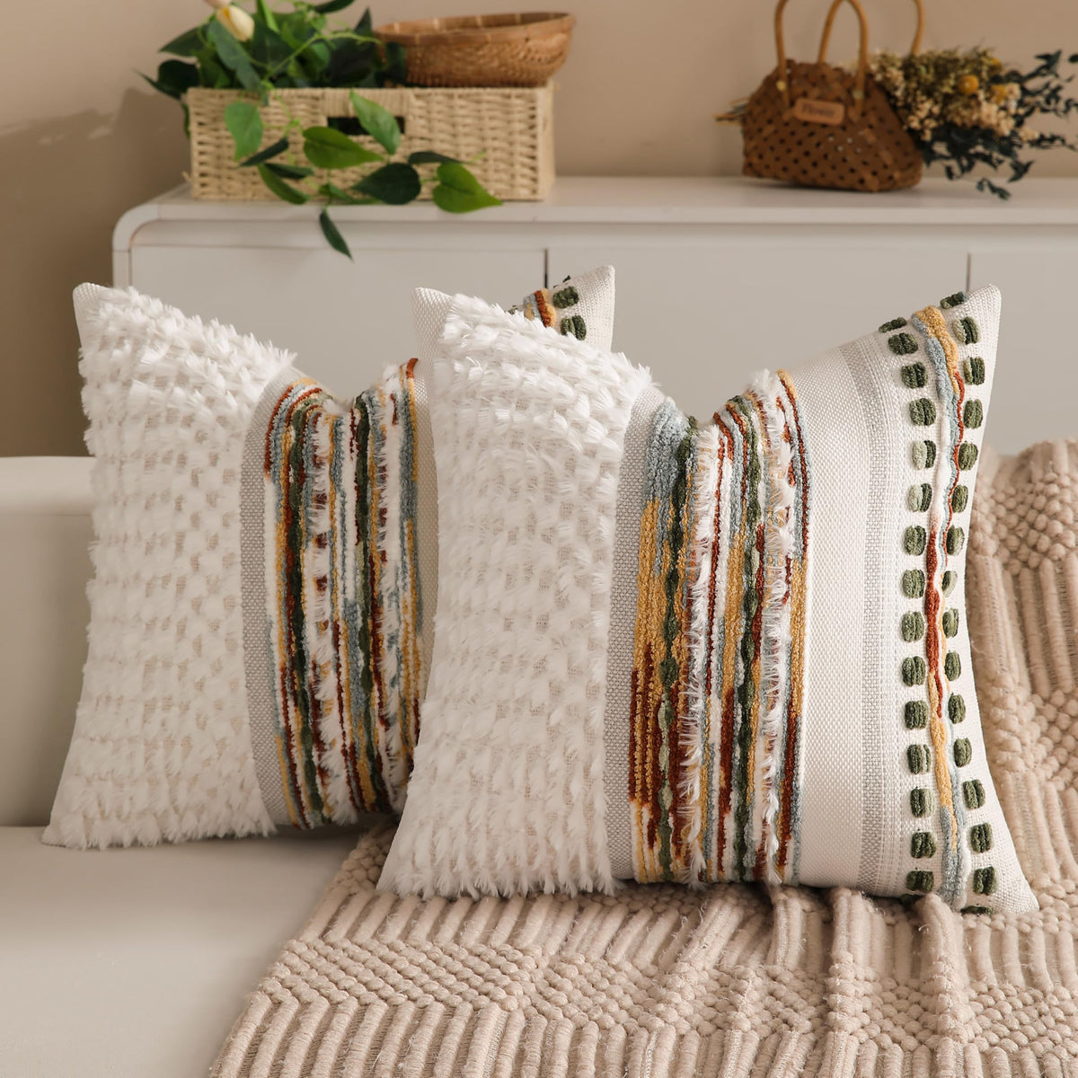 Boho Chenille Tufted Couch Throw Pillow Covers 18x18 Inch Set of 2 Farmhouse Striped Decorative Pillow Covers Accent Neutral Pillowcase Teal Cushion Cover for Living Room Sofa Bed