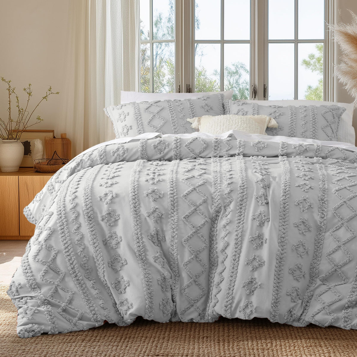 Bedsure White Boho Duvet Cover Queen, Soft Vintage Embroidery