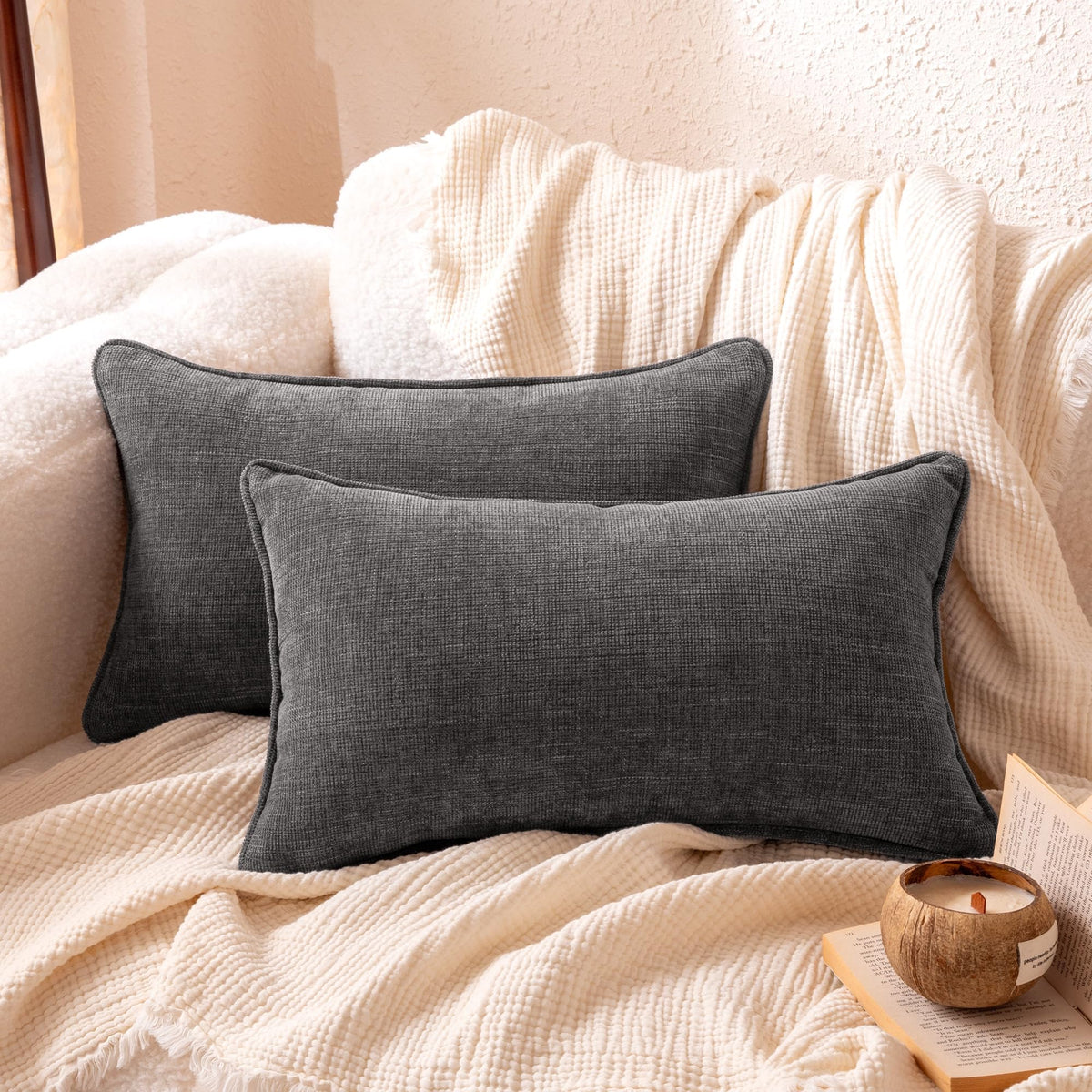 Amazon Basics Faux Linen Throw Pillow Covers with Hidden Zipper Closure, 18 × 18in, White, Pack of 2