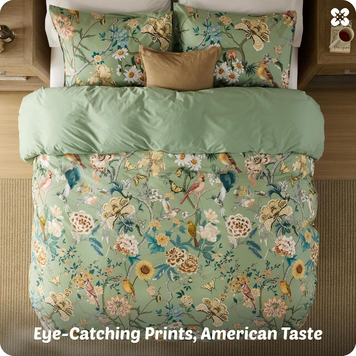 Bedsure PureWoven 100% Cotton Floral Duvet Cover Set, Queen, Green Garden