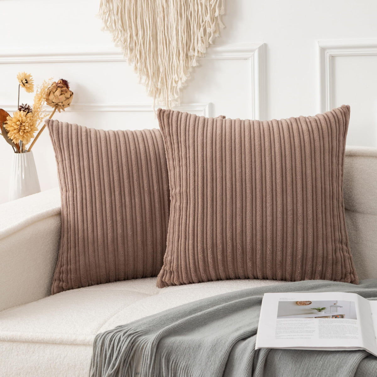 UGASA Velvet 12x20 Inch Lumbar Soft Throw Pillow Cover Boho Farmhouse Decorative Corduroy Striped Both Sides Solid Rectangular Cushion Case for Couch Bedroom Sofa Home, 1 Piece, Beige