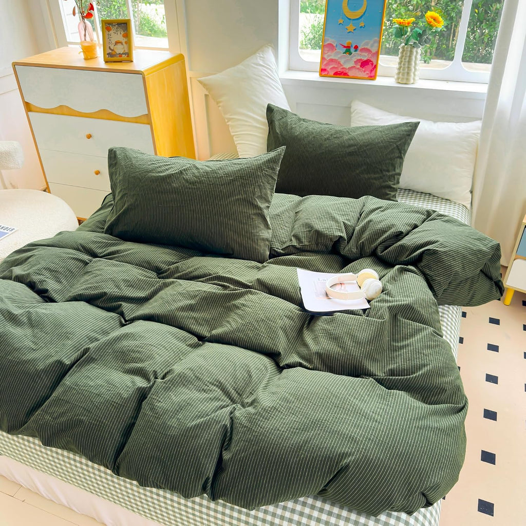 PinkMemory Green Striped Duvet Cover Queen 100% Washed Cotton Olive Green Stripes Duvet Cover Set Full 3pcs Pinstripe Pattern Bedding Set with Zipper Closure Corner Ties,Soft Breathable