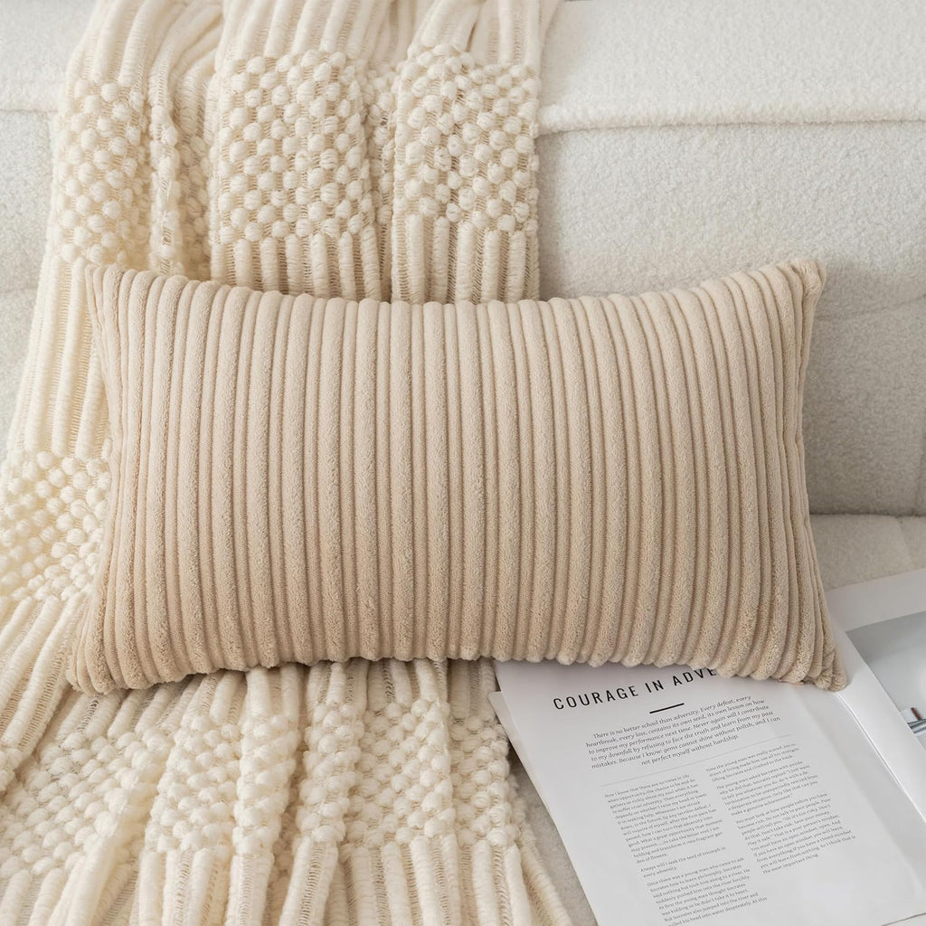 UGASA Velvet 12x20 Inch Lumbar Soft Throw Pillow Cover Boho Farmhouse Decorative Corduroy Striped Both Sides Solid Rectangular Cushion Case for Couch Bedroom Sofa Home, 1 Piece, Beige