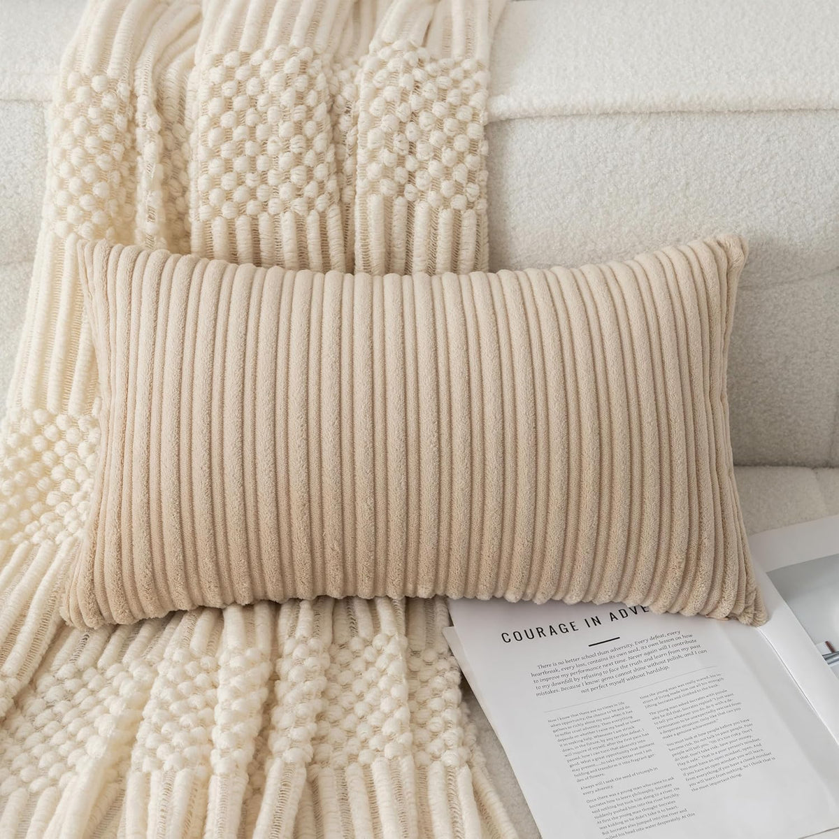 UGASA Velvet 12x20 Inch Lumbar Soft Throw Pillow Cover Boho Farmhouse Decorative Corduroy Striped Both Sides Solid Rectangular Cushion Case for Couch Bedroom Sofa Home, 1 Piece, Beige