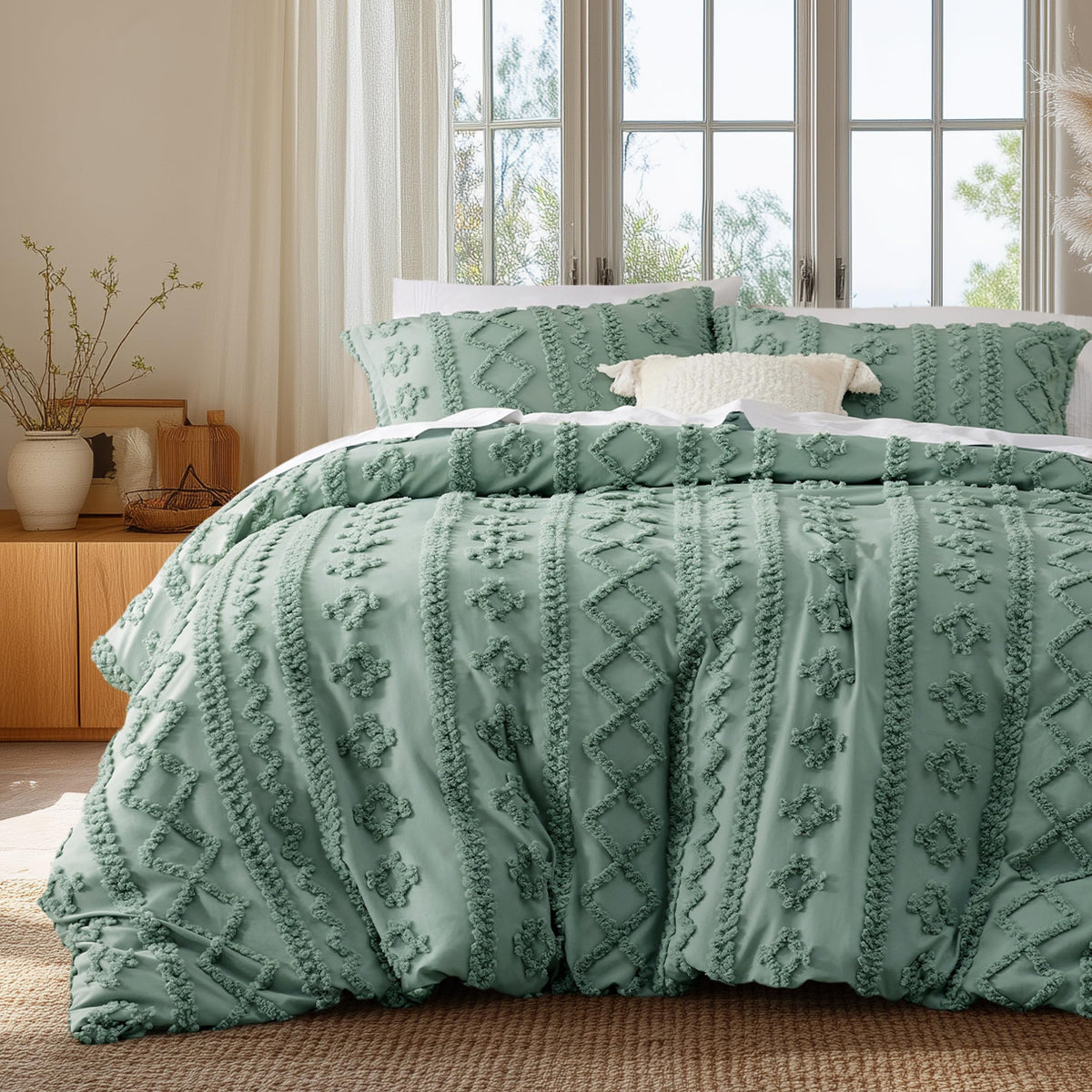 Bedsure Boho Duvet Cover Queen, Tufted Embroidery, 3-Piece, Beige