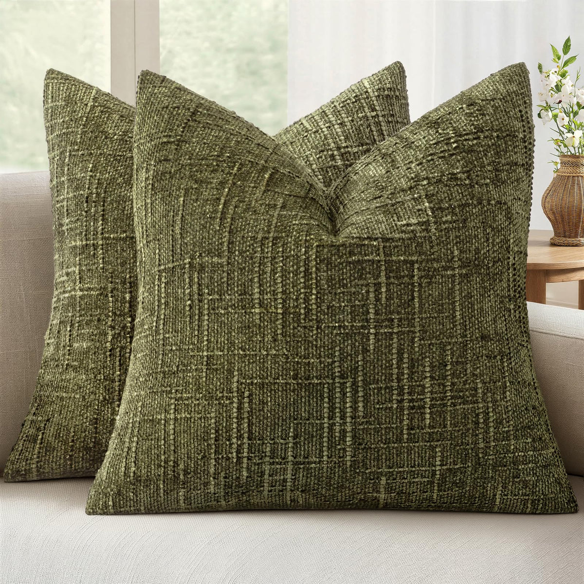 MIULEE Chenille Textured Throw Pillow Covers Cream White 20x20 Set of 2