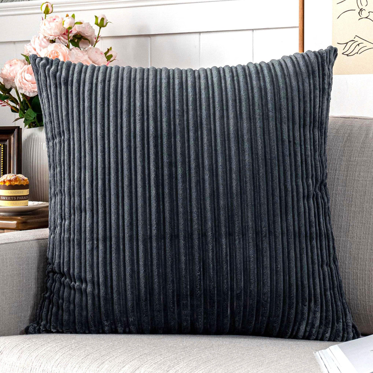 UGASA Velvet 12x20 Inch Lumbar Soft Throw Pillow Cover Boho Farmhouse Decorative Corduroy Striped Both Sides Solid Rectangular Cushion Case for Couch Bedroom Sofa Home, 1 Piece, Beige