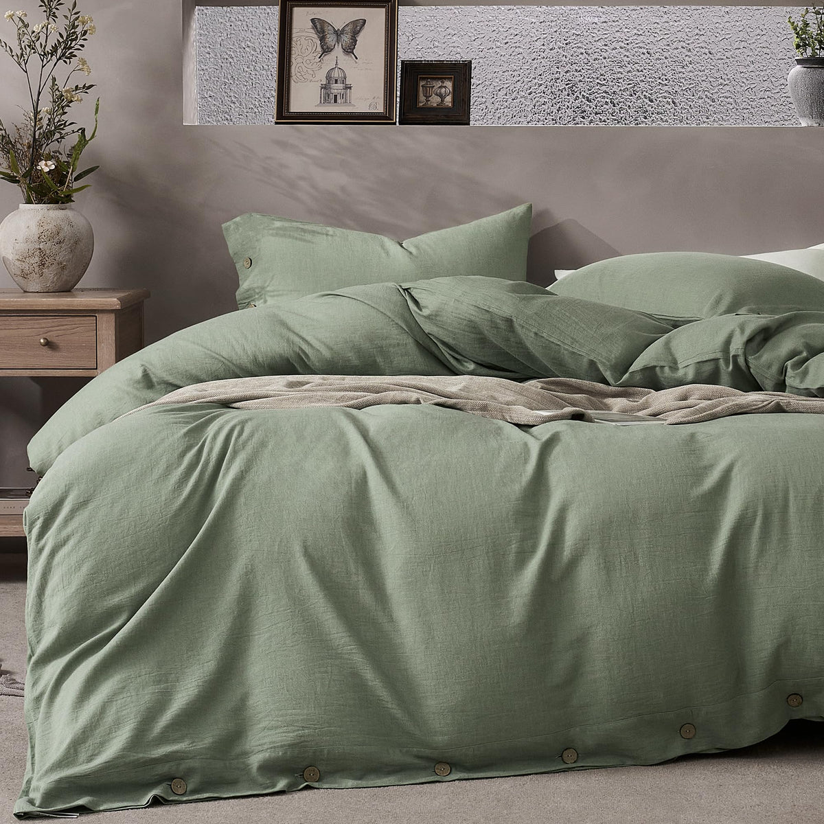 JELLYMONI 100% Washed Cotton Striped Duvet Cover Set King, Linen-Like