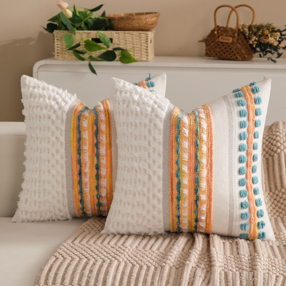 Boho Chenille Tufted Couch Throw Pillow Covers 18x18 Inch Set of 2 Farmhouse Striped Decorative Pillow Covers Accent Neutral Pillowcase Teal Cushion Cover for Living Room Sofa Bed