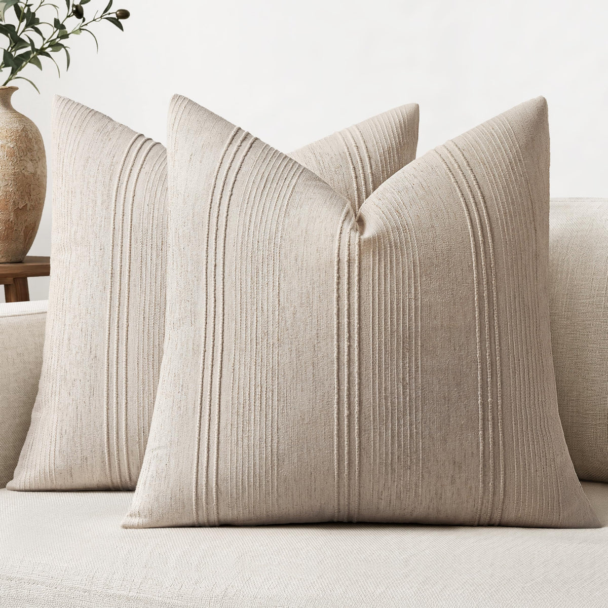 MIULEE Decorative Striped Throw Pillow Covers 18x18 in Natural Beige 2 Pack
