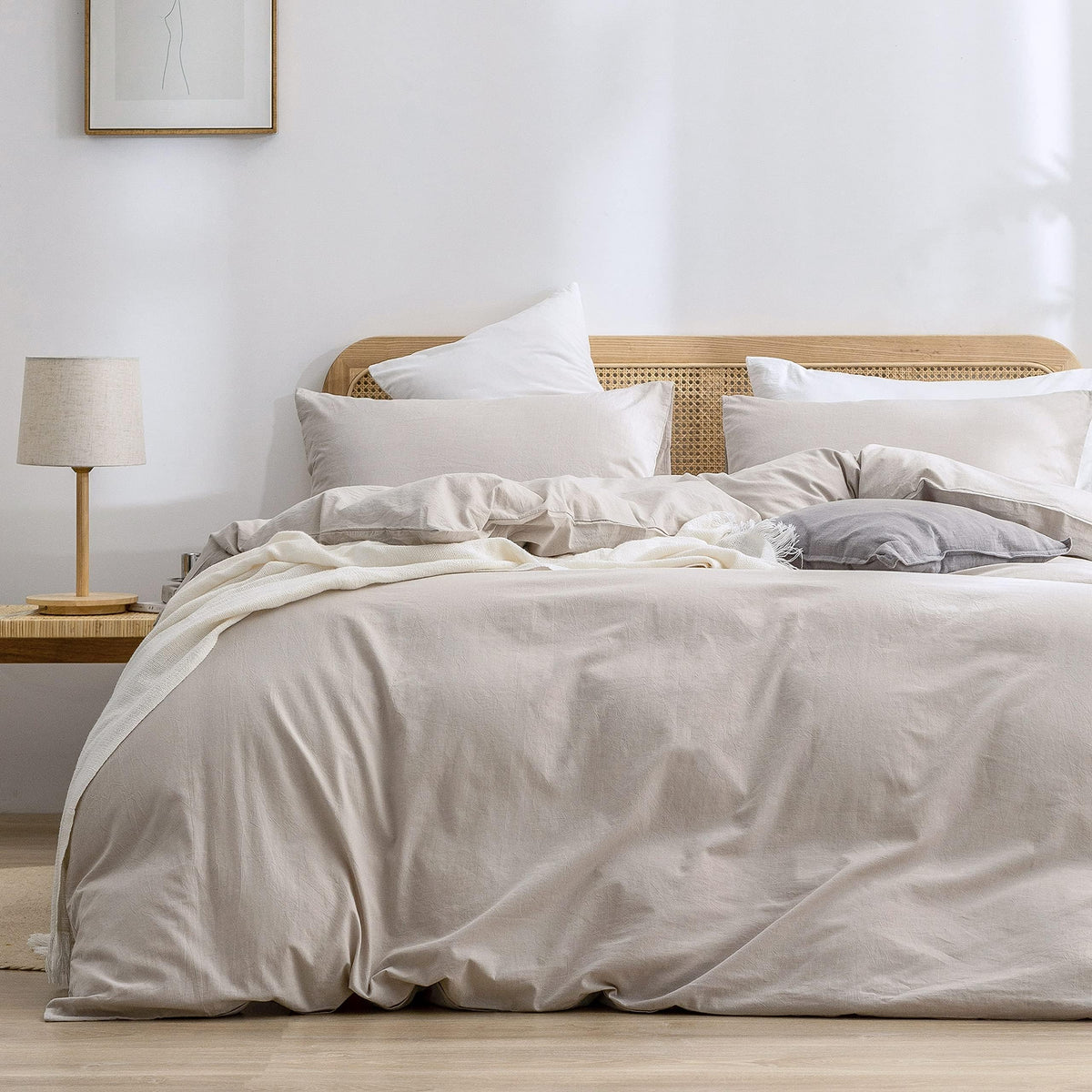 BESTOUCH Cotton Solid Duvet Cover Set Linen Feel Off White Queen