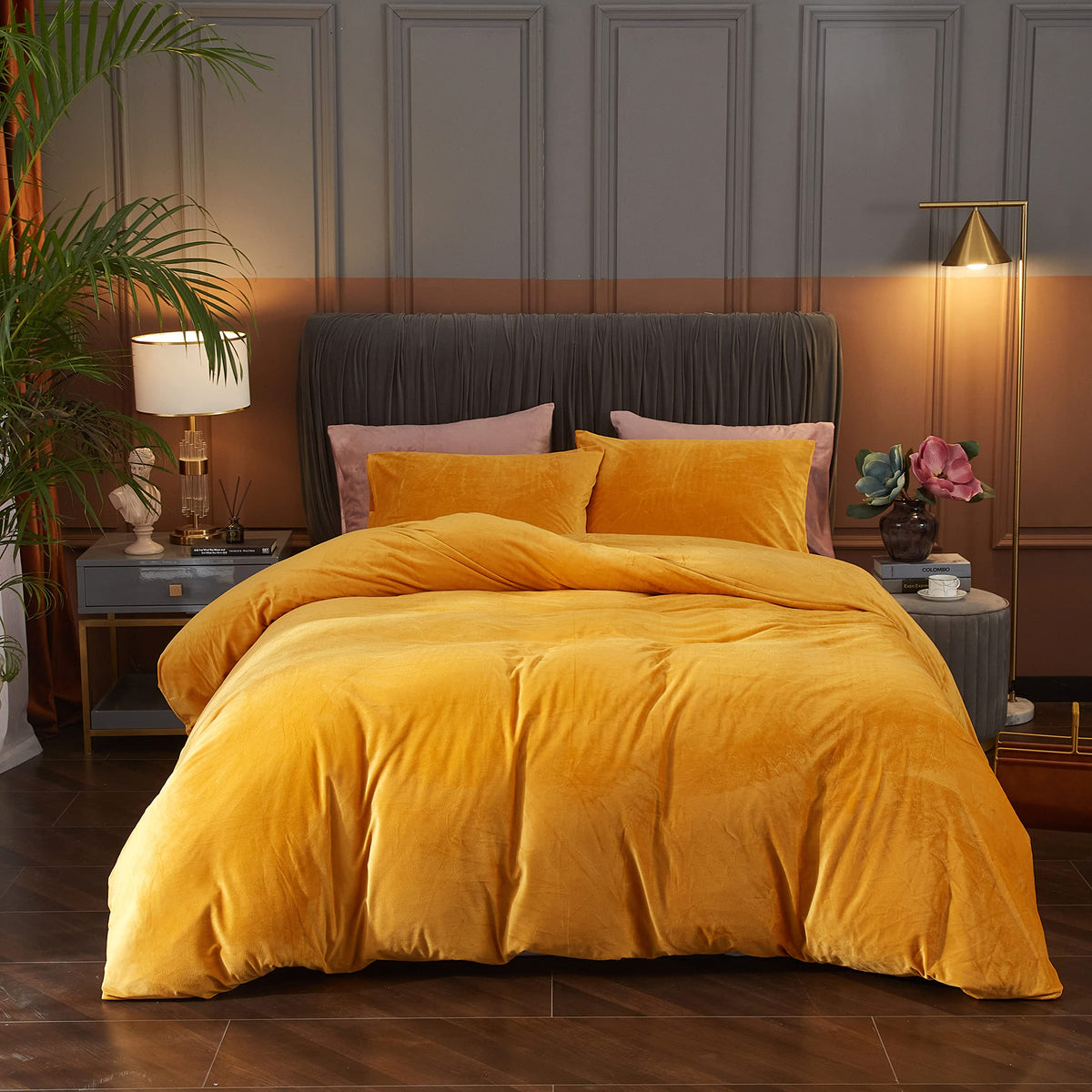 Ivellow Velvet Duvet Cover Queen Set, 3 Pcs Olive Green, Zipper Corner Ties
