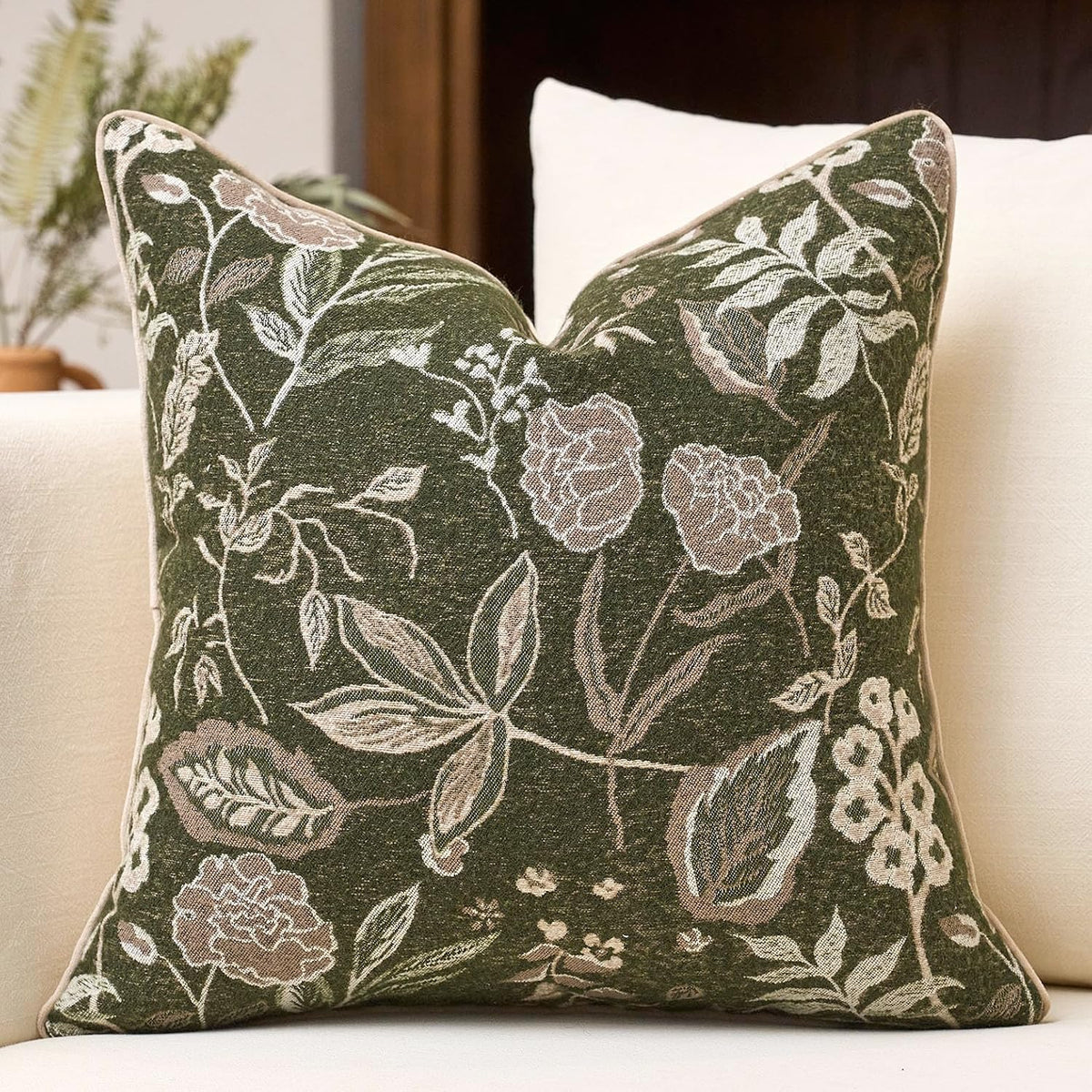 Green Floral Textured Throw Pillow Cover 18x18 Fall Vintage Rust Pillow Cover Farmhouse Summer Leaf Cushion Cover Chenille Neutral Flower Pillowcase Home Decor for Sofa Living Room Bedding