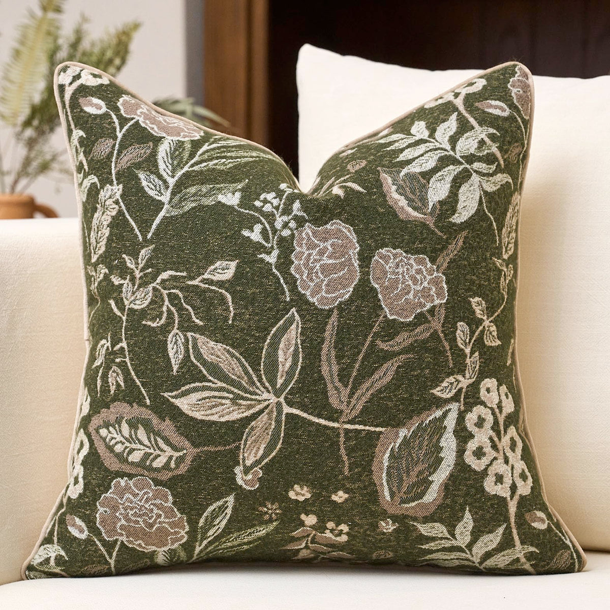 Green Floral Textured Throw Pillow Cover 18x18 Fall Vintage Rust Pillow Cover Farmhouse Summer Leaf Cushion Cover Chenille Neutral Flower Pillowcase Home Decor for Sofa Living Room Bedding