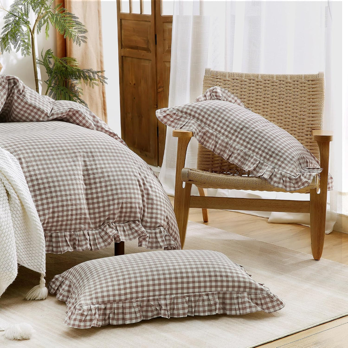 ATsense Tan Gingham Ruffle Duvet Cover Bedding Set Cotton Like Linen, Queen