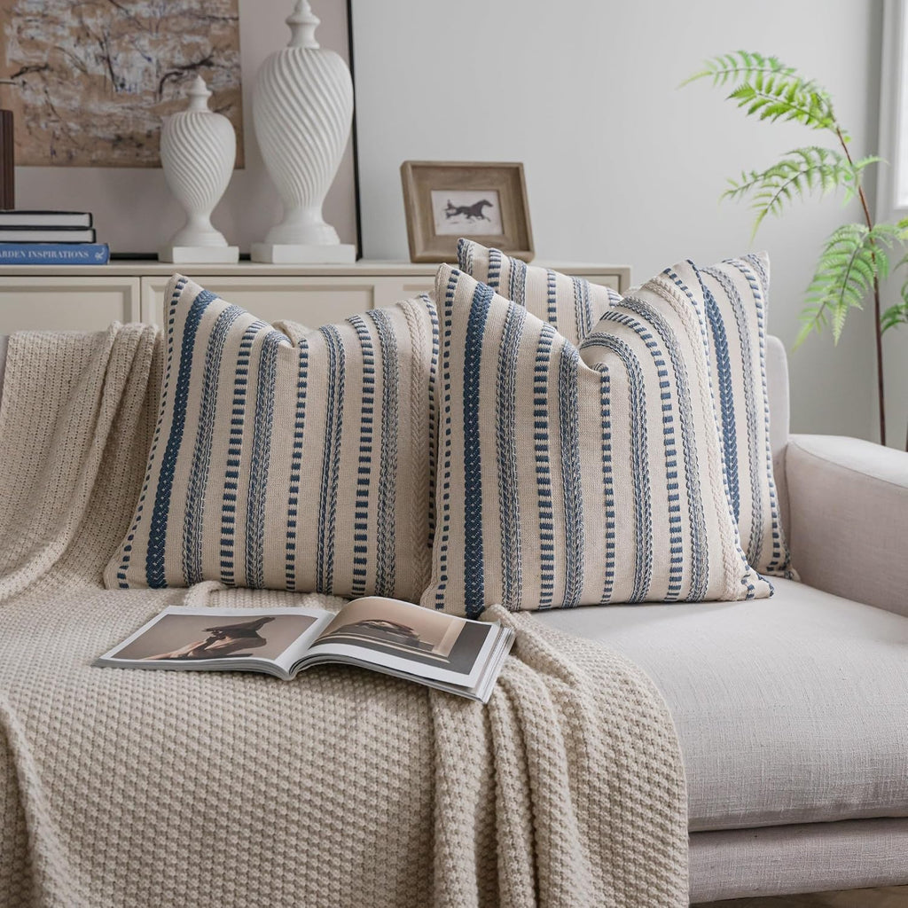 Cethom Blue and Beign Boho Throw Pillow Covers 18x18 Inch Set of 2, Stripe Textured Decorative Couch Pillow Cases for Bed, Sofa, Living Room, Bedroom, Farmhouse Home Accent Cushion Covers