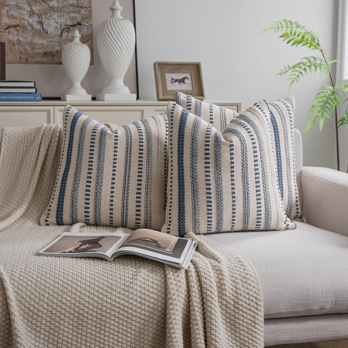 Cethom Blue and Beign Boho Throw Pillow Covers 18x18 Inch Set of 2, Stripe Textured Decorative Couch Pillow Cases for Bed, Sofa, Living Room, Bedroom, Farmhouse Home Accent Cushion Covers