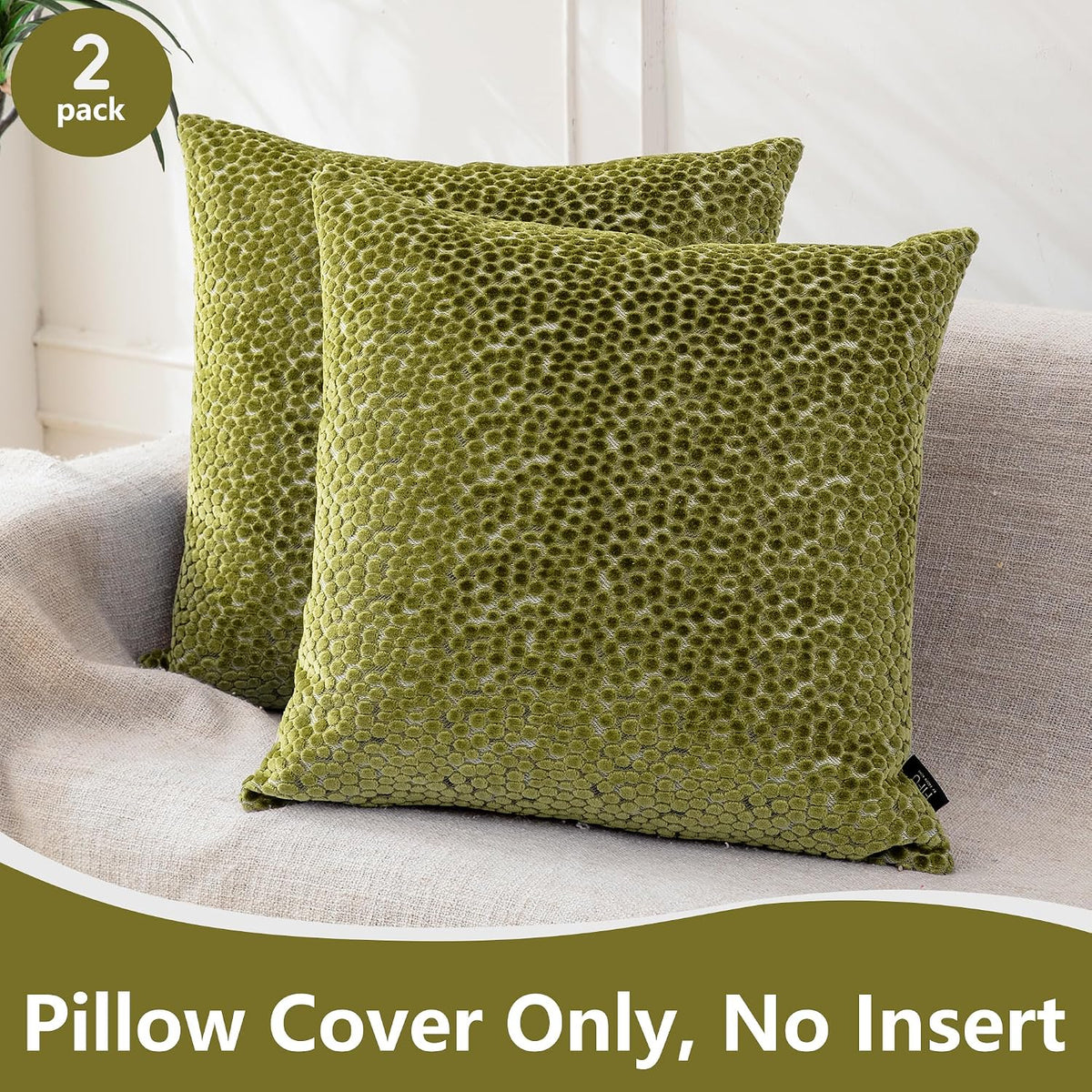 FIFU 18x18 Inch Throw Pillow Covers Set of 2, Jacquard Velvet, Olive Green