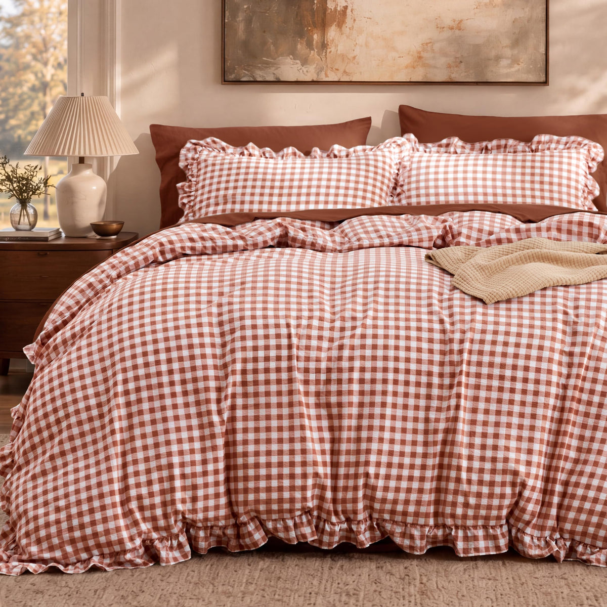 Bedsure Gingham Ruffle Duvet Cover Set, Queen, Cotton-Like Bed, Olive Green