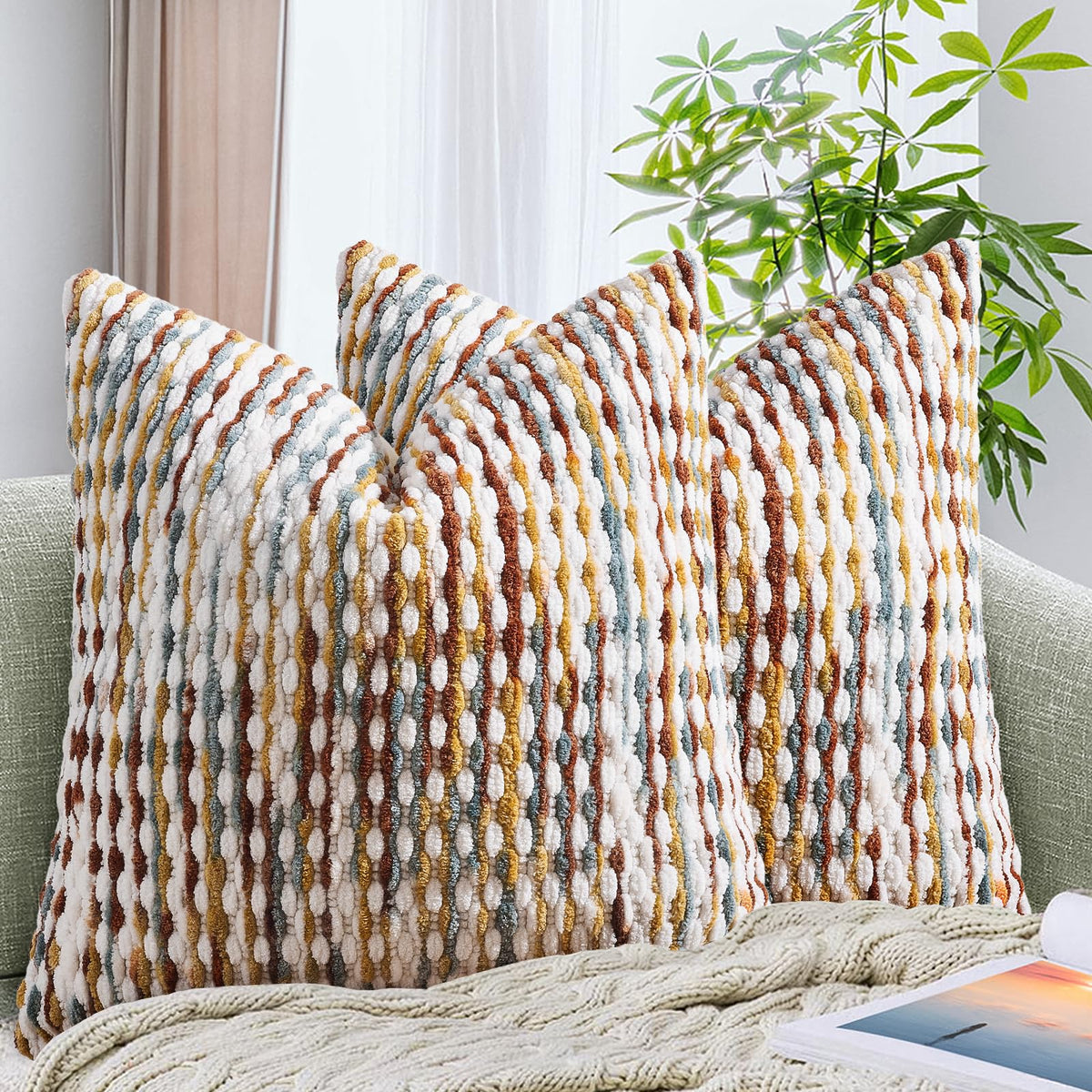 AmHoo Set of 2 Boho Chenille Pillow Cover,18 x 18-Inch Brown