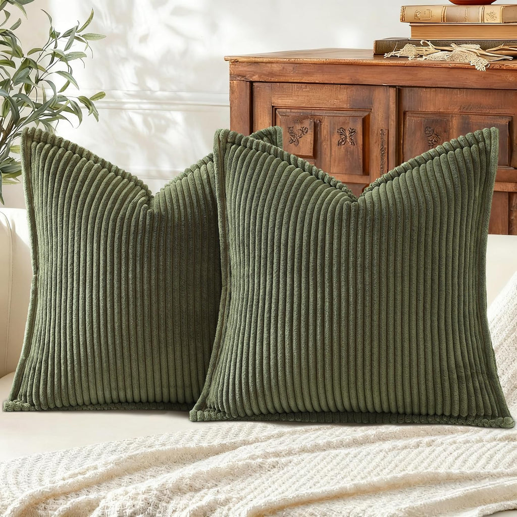 Mecatny Corduroy Fall Throw Pillow Covers 18x18 Set of 2 Olive Green