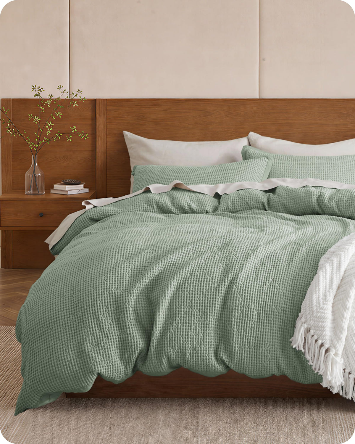 Bedsure PureWoven 3 Pieces 100% Cotton Waffle Duvet Cover Set, King, Linen