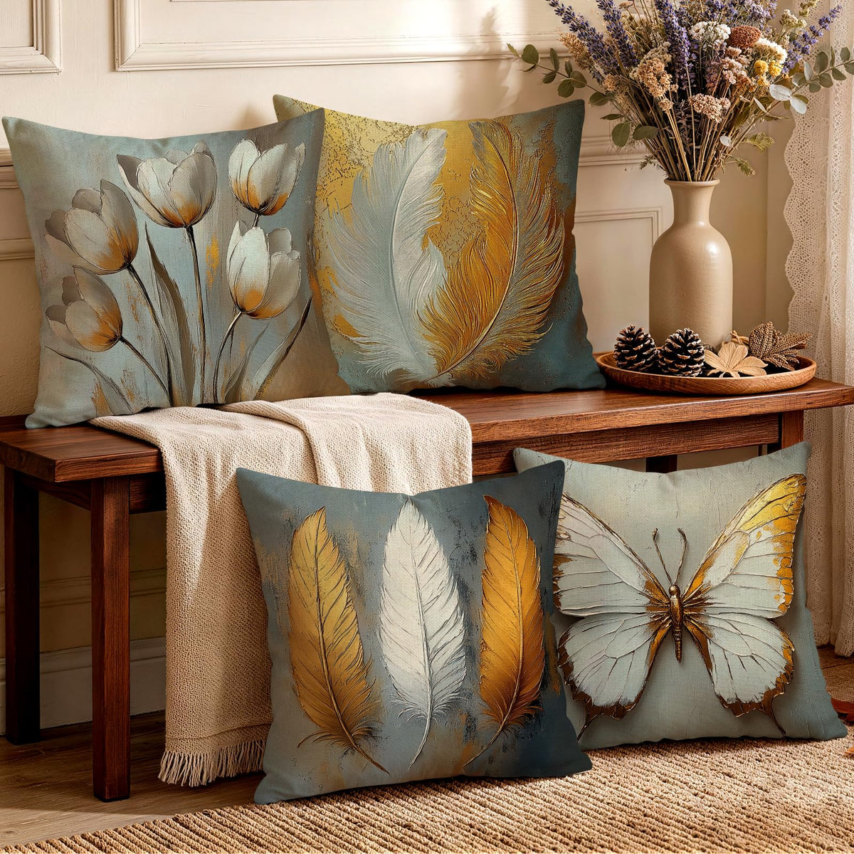 OBSEDE Retro Wood Grain Geometric Throw Pillow Covers 18 x 18 Inch Set of 4