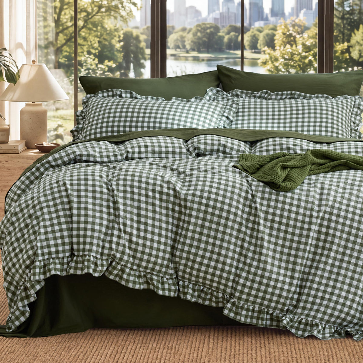 Bedsure Gingham Ruffle Duvet Cover Set, Queen, Cotton-Like Bed, Olive Green