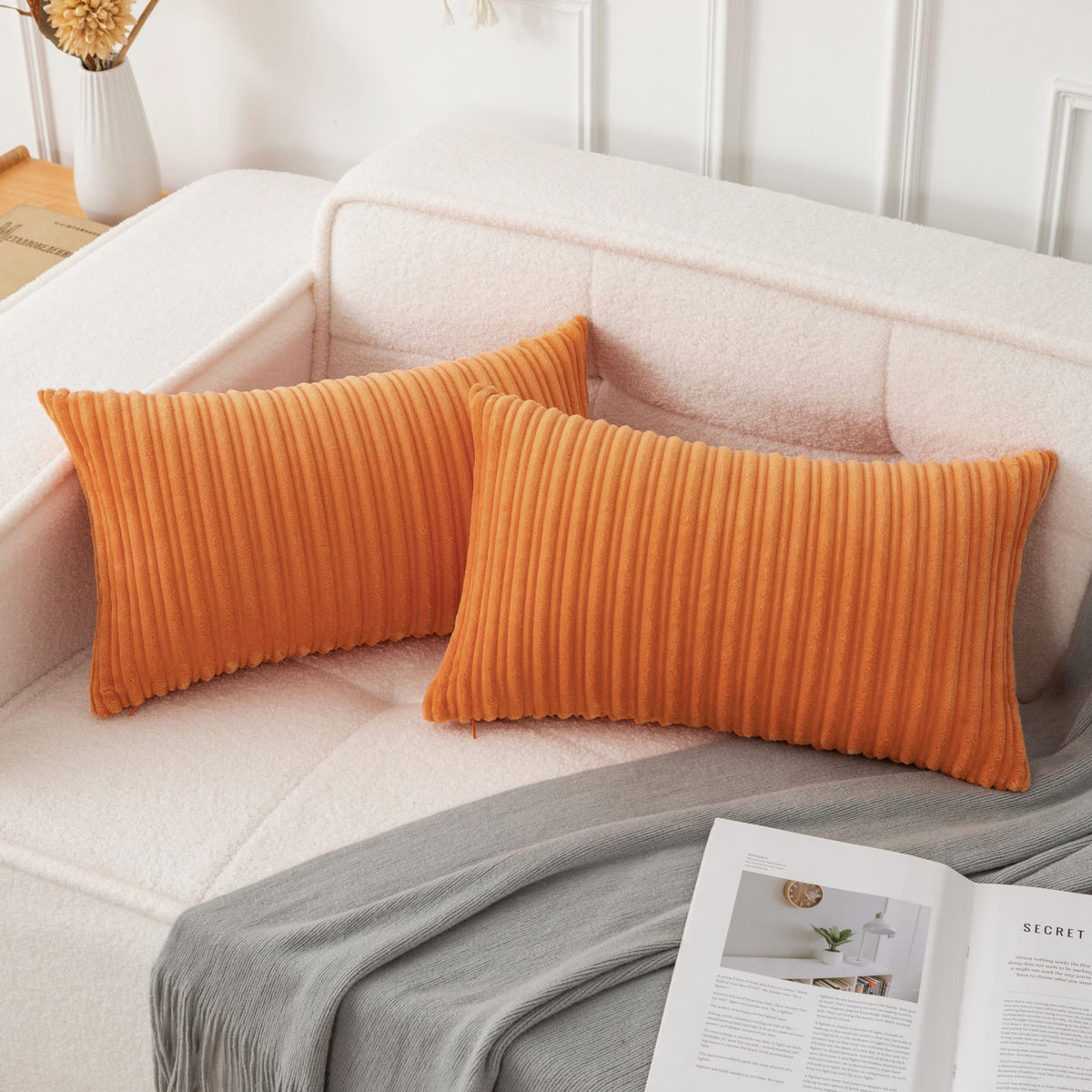 UGASA Velvet 12x20 Inch Lumbar Soft Throw Pillow Cover Boho Farmhouse Decorative Corduroy Striped Both Sides Solid Rectangular Cushion Case for Couch Bedroom Sofa Home, 1 Piece, Beige