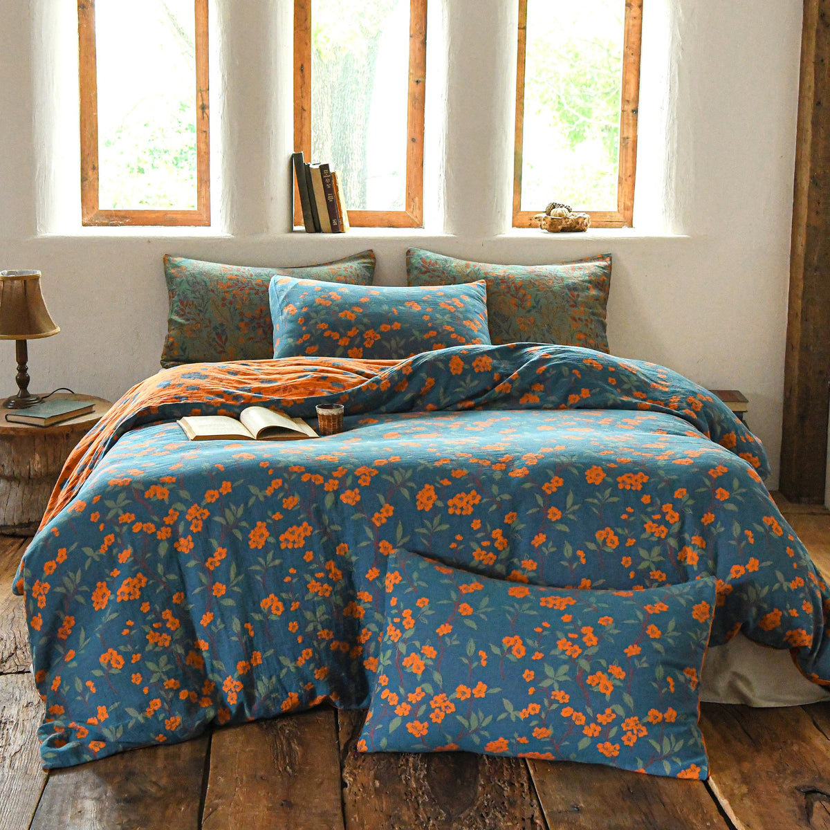 BISELINA 100% Cotton Muslin Duvet Cover Set King, 3 Pcs Yarn-Dyed Jacquard Textured Reversible Floral Design, Soft and Breathable Bedding Set with Zipper Closure, Blue Orange