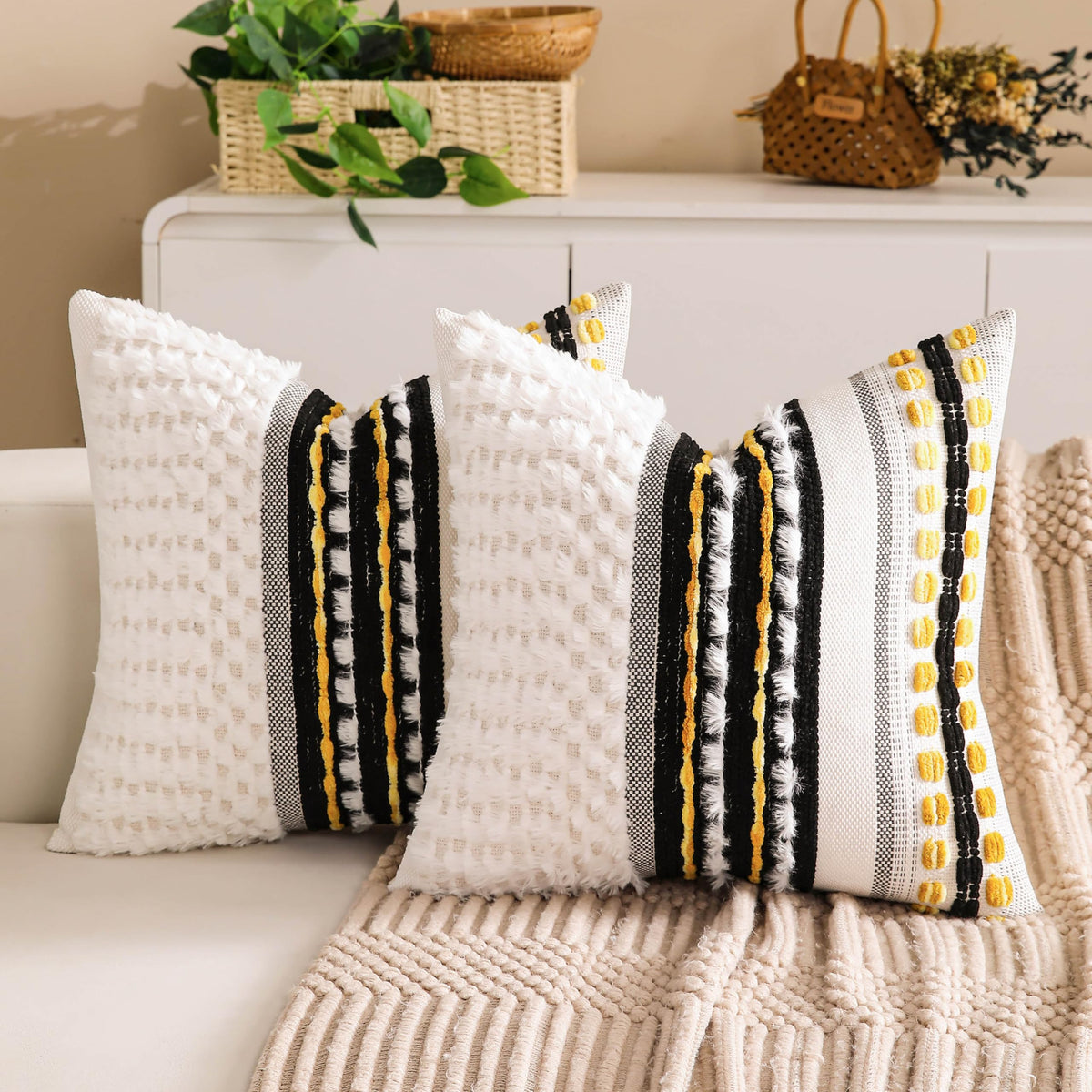 Boho Chenille Tufted Couch Throw Pillow Covers 18x18 Inch Set of 2 Farmhouse Striped Decorative Pillow Covers Accent Neutral Pillowcase Teal Cushion Cover for Living Room Sofa Bed