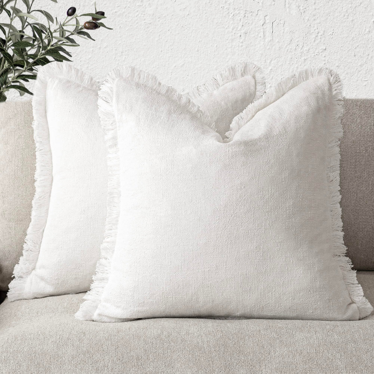 Foindtower Decorative Linen Fringe Throw Pillow Covers 20×20 Olive Green