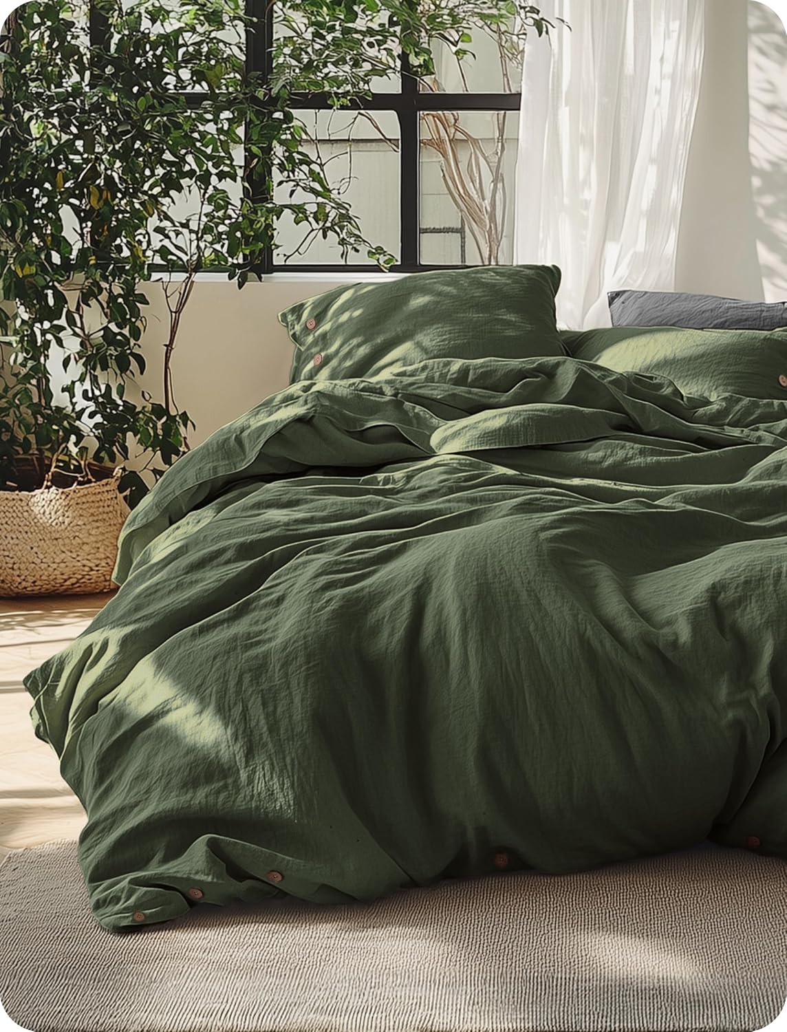 Bedsure PureWoven Linen Duvet Cover Queen, Linen Cotton Blend, Olive Green