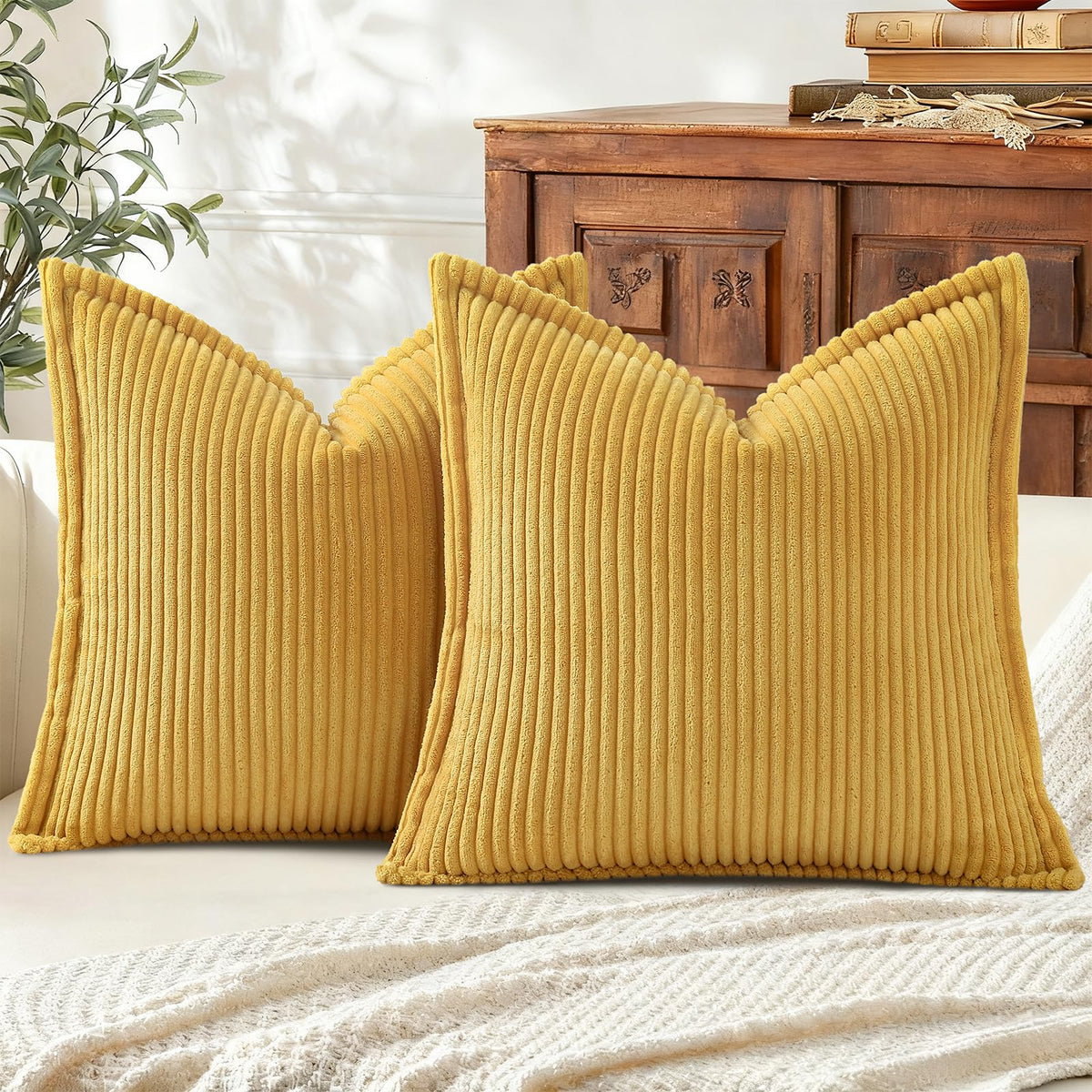 Mecatny Corduroy Fall Throw Pillow Covers 18x18 Set of 2 Olive Green
