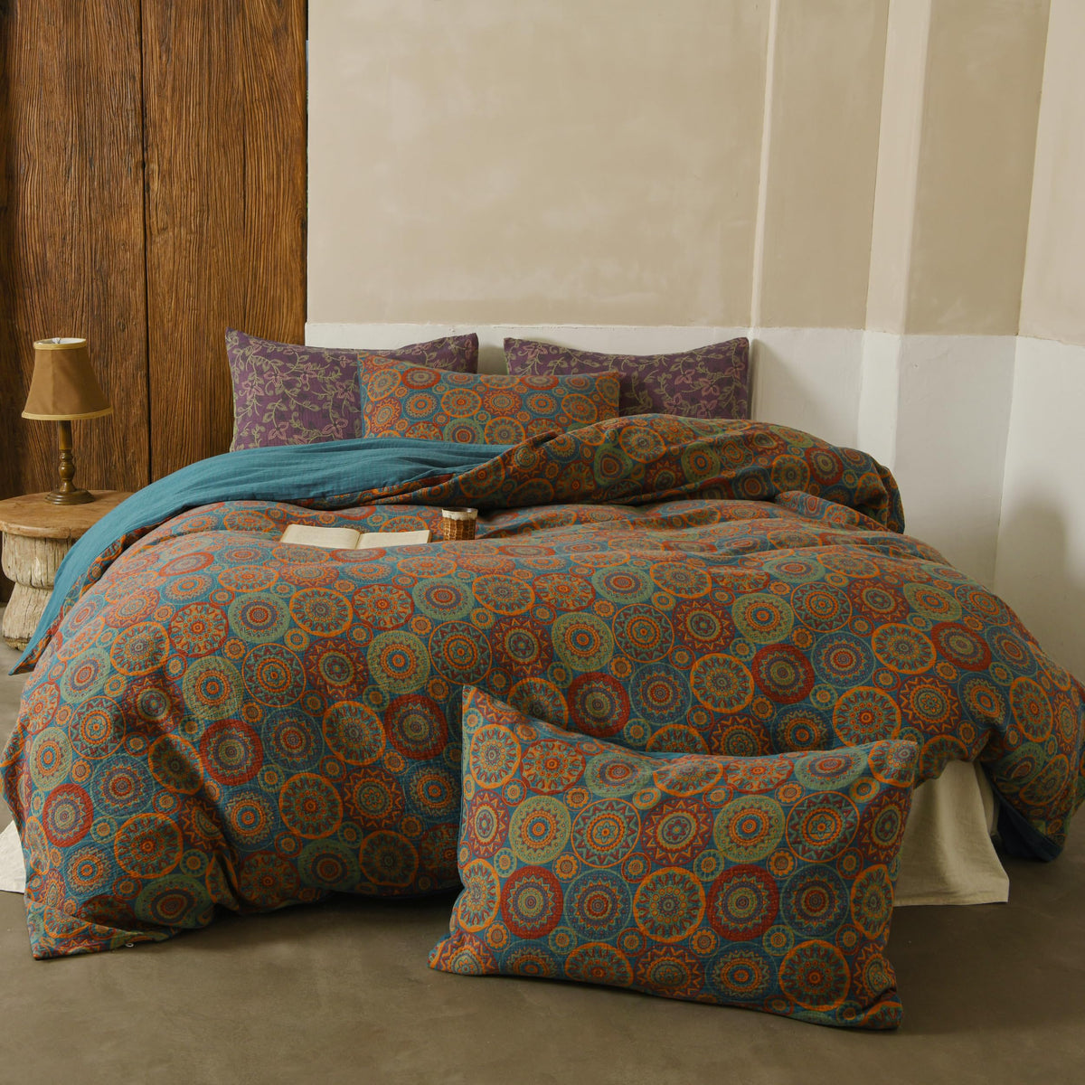 BISELINA 100% Cotton Muslin Duvet Cover Set King, 3 Pcs Yarn-Dyed Jacquard Textured Reversible Floral Design, Soft and Breathable Bedding Set with Zipper Closure, Blue Orange