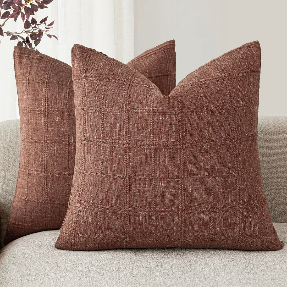 Foindtower Boho Linen Check Decorative Throw Pillow Cover 18×18 Olive Green