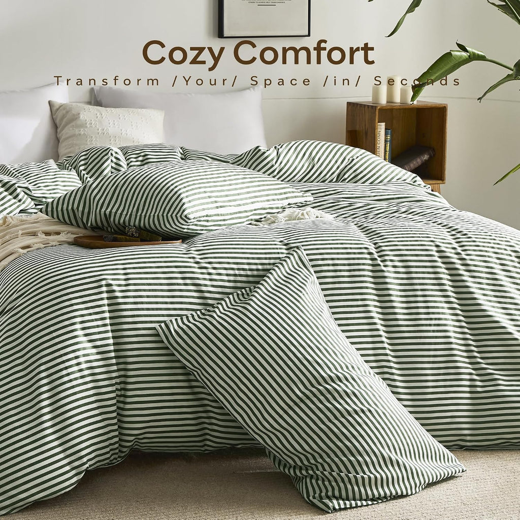 JELLYMONI Cotton Classic Striped Pillowcases Set of 2, Green, Queen