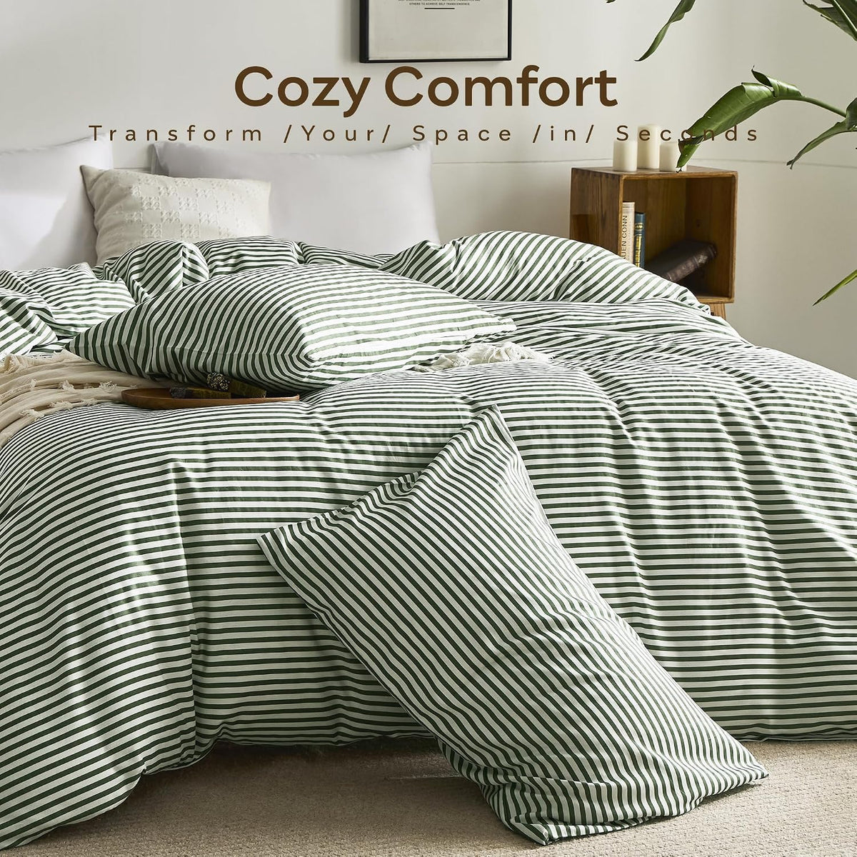 JELLYMONI Cotton Classic Striped Pillowcases Set of 2, Green, Queen