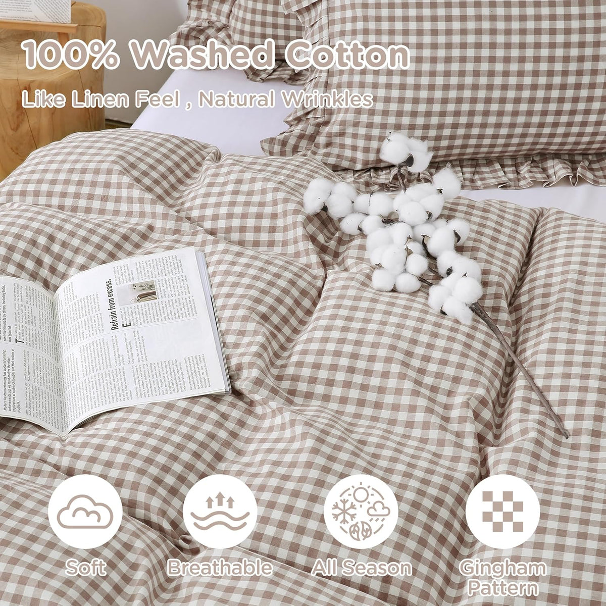 ATsense Tan Gingham Ruffle Duvet Cover Bedding Set Cotton Like Linen, Queen