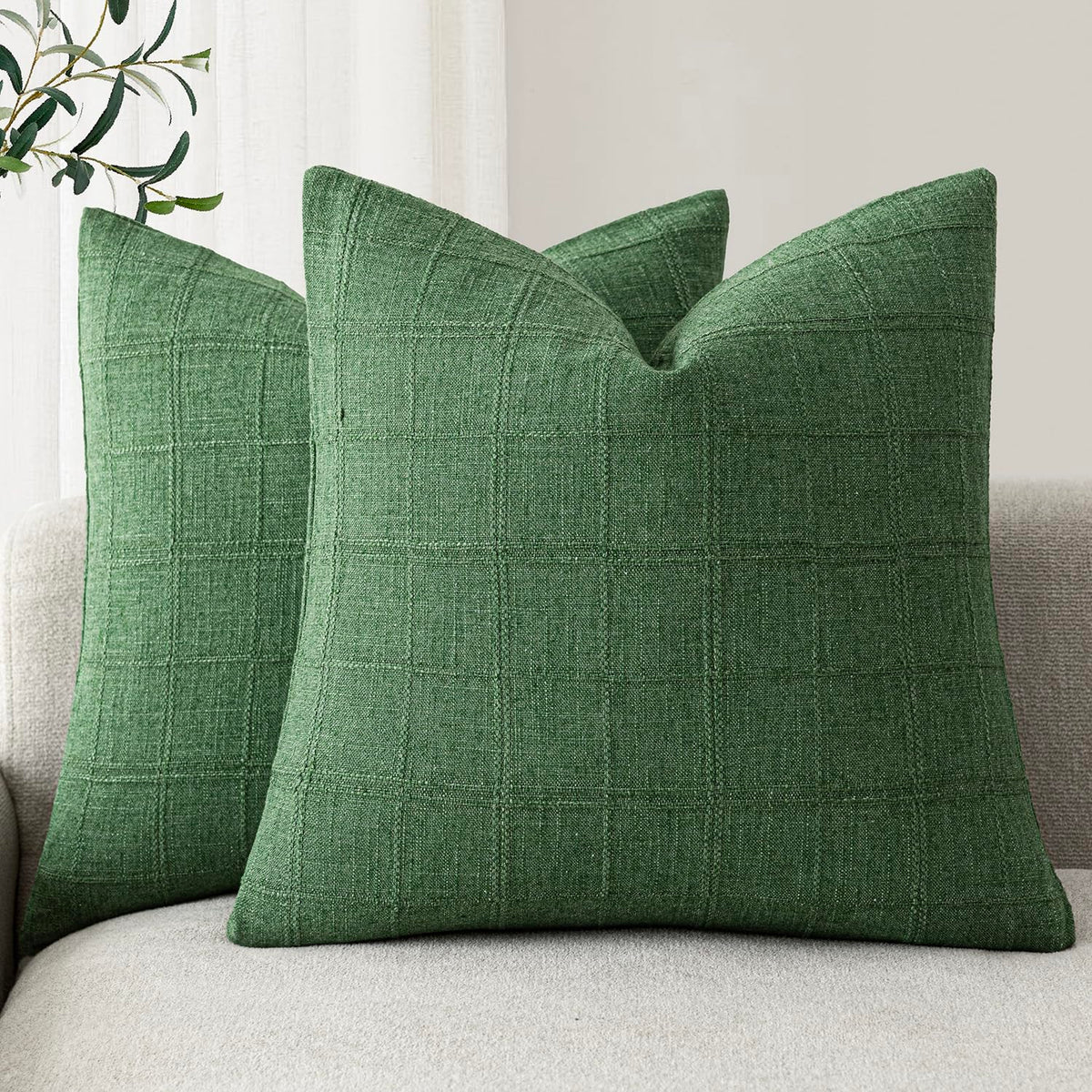 Foindtower Boho Linen Check Decorative Throw Pillow Cover 18×18 Olive Green