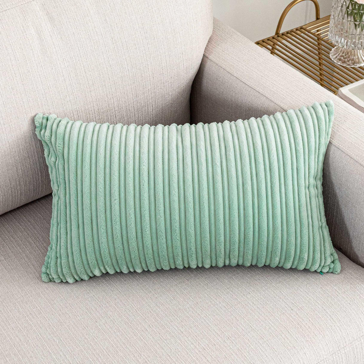 UGASA Velvet 12x20 Inch Lumbar Soft Throw Pillow Cover Boho Farmhouse Decorative Corduroy Striped Both Sides Solid Rectangular Cushion Case for Couch Bedroom Sofa Home, 1 Piece, Beige
