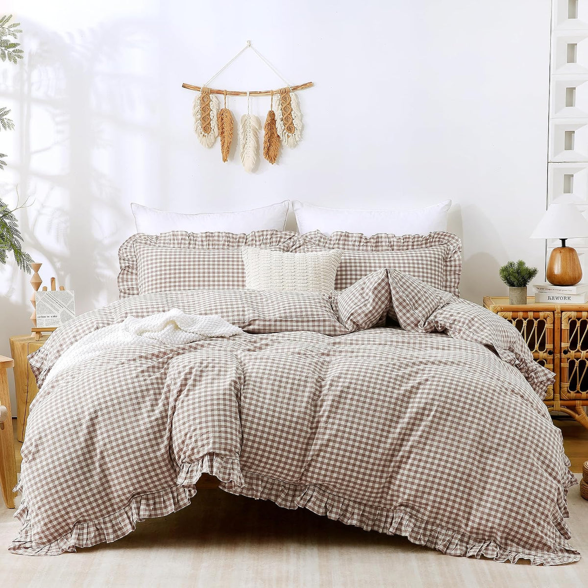 ATsense Tan Gingham Ruffle Duvet Cover Bedding Set Cotton Like Linen, Queen